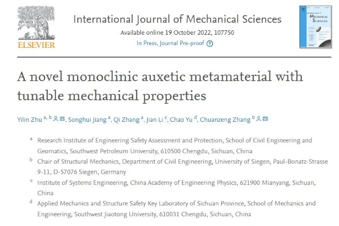 A novel monoclinic auxetic metamaterial with tunable mechanical properties