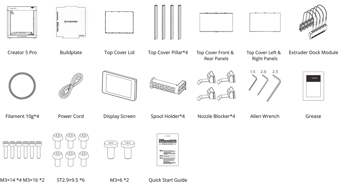 Flashforge Creator 5 Pro / 四噴頭封閉式多色 3D 列印機：產品內容物